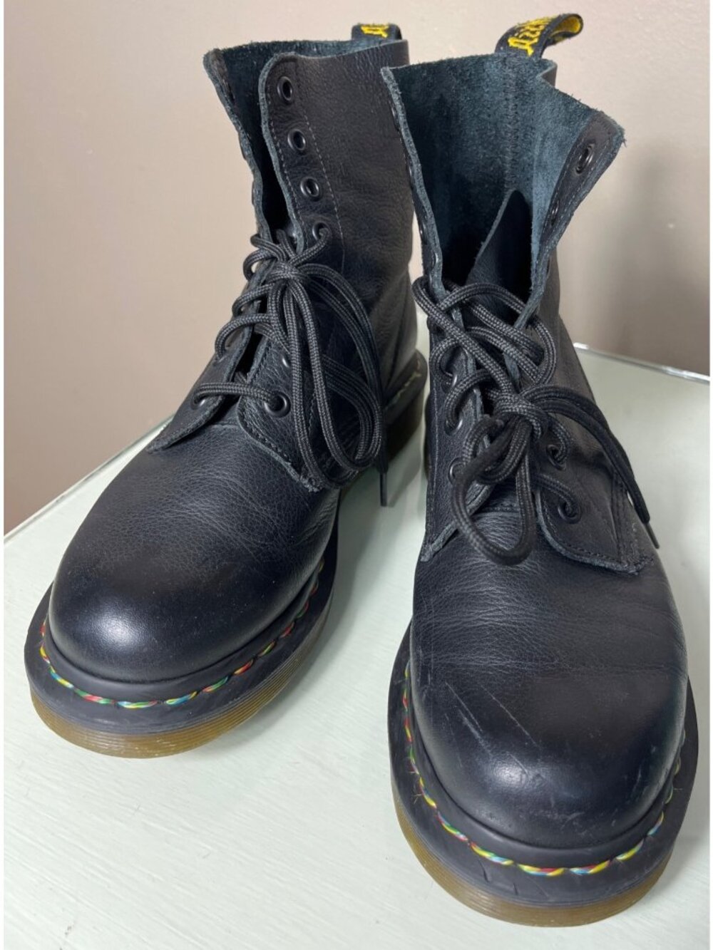 Dr Martens Boots AirWair Black 1470 Pascal Rainbow Combat Moto Leather Wom 7 - Picture 2 of 9